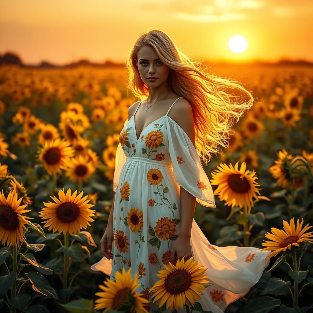Golden Haired Woman in Sunflower Field, Hyperrealistic Fanta...