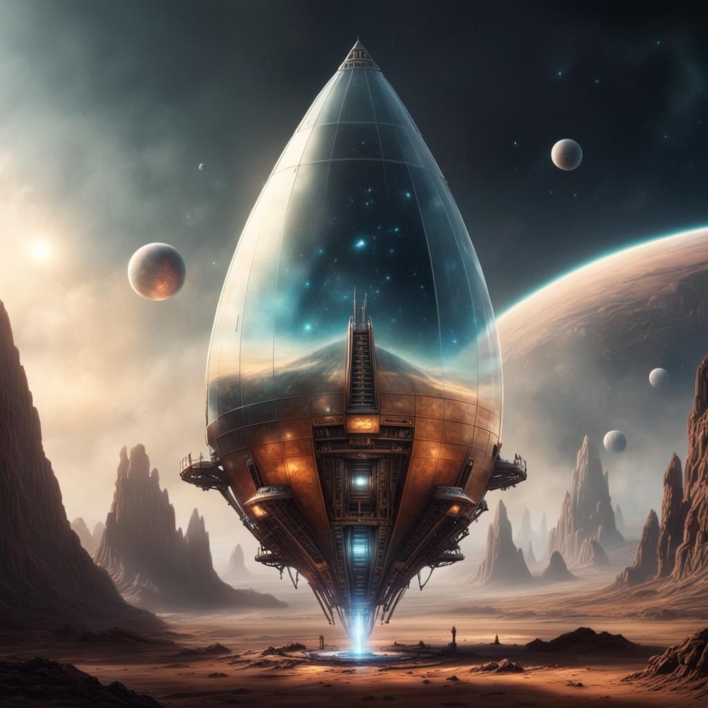 Cosmic Fantasy Starship Lander in Glass Teardrop Shape