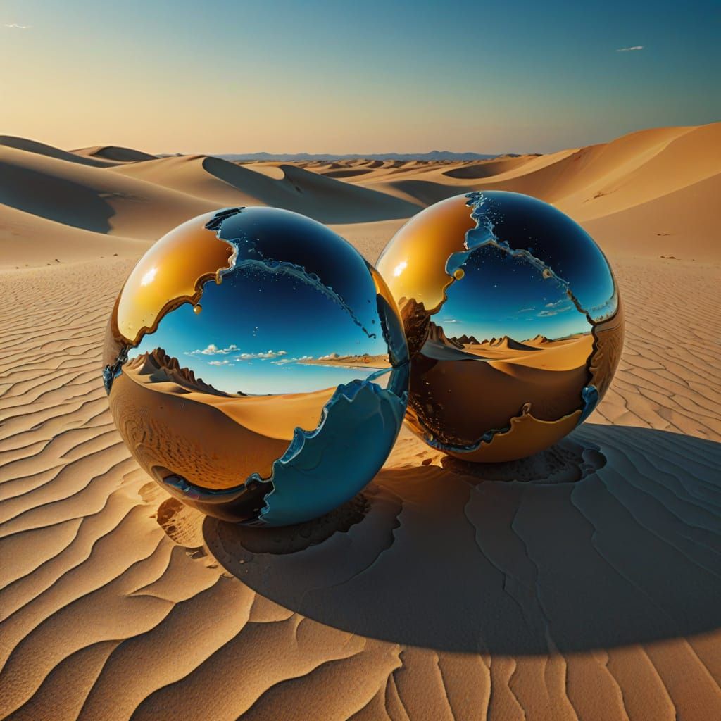 Surreal Split Ball in Desert Landscape, Oil Painting