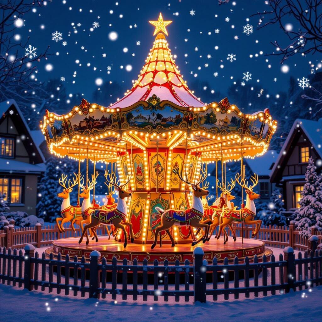 Magical Carousel in Winter Wonderland Art Nouveau Style