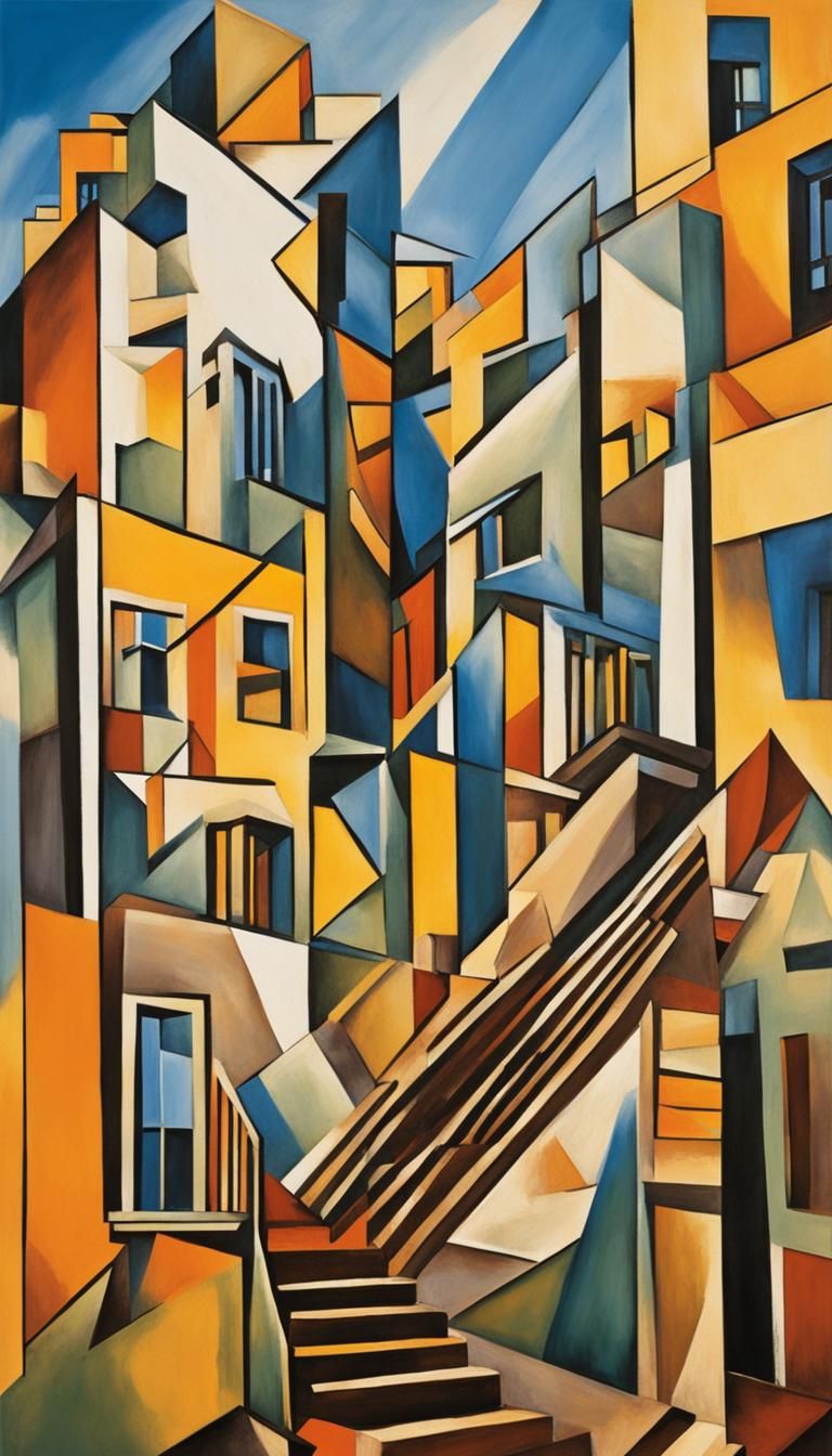 Cubist Sunset: Fragmented Buildings in Golden Light