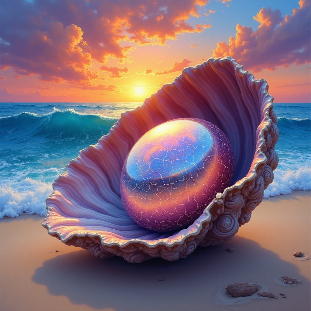 Surreal Cosmic Pearl in Vibrant Sunset Shell Scene