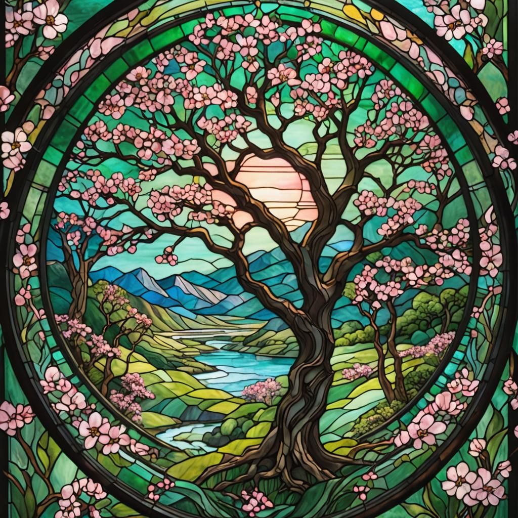 Stained Glass River Scene in Tiffany Style