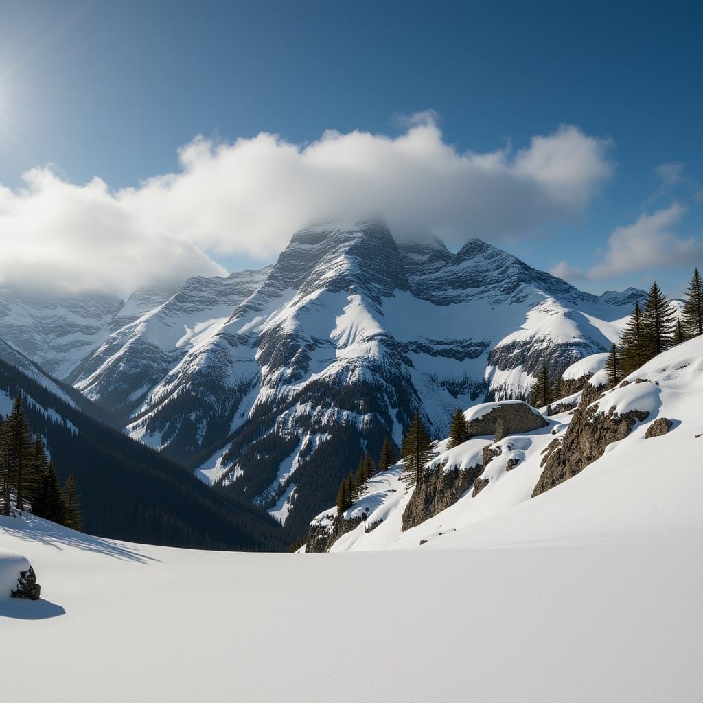 Hyper-Realistic Winter Mountain Landscape with Dramatic Sunl...
