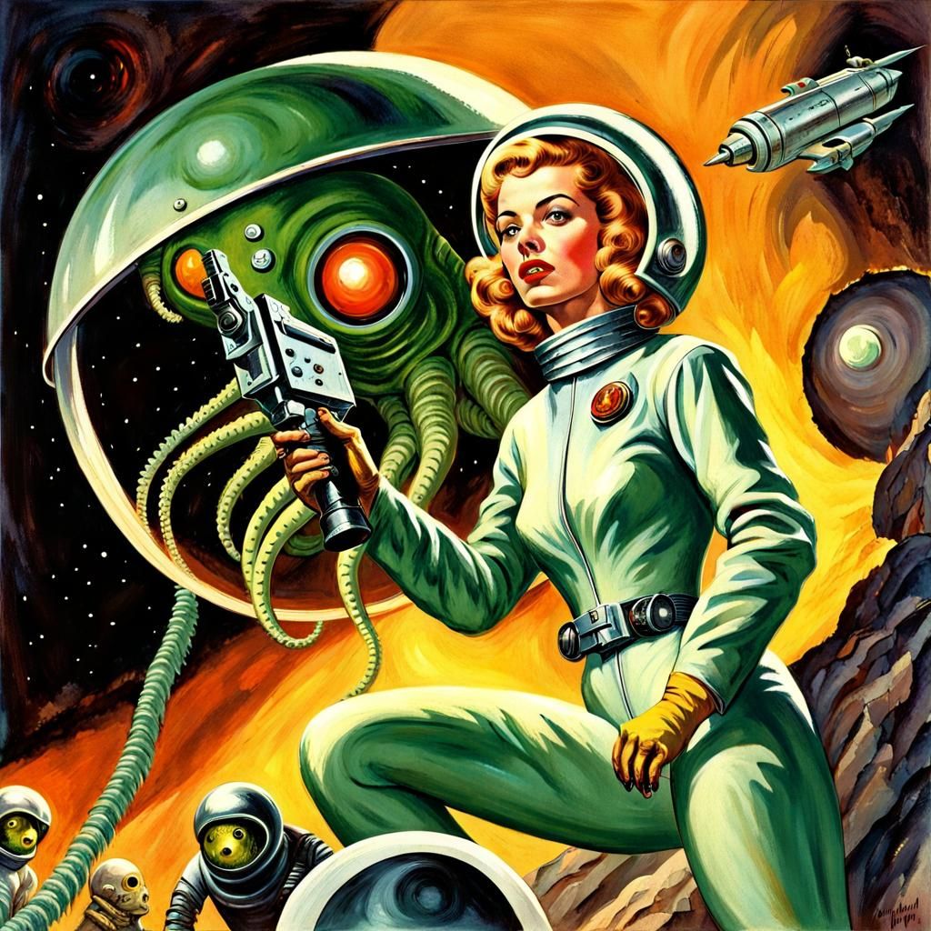 Retro Sci-Fi Woman vs Tentacled Alien