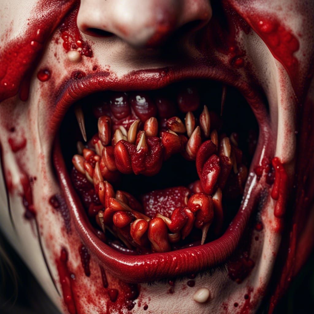 Cannibal’s psychotic face macro zoom close-up after eating t...