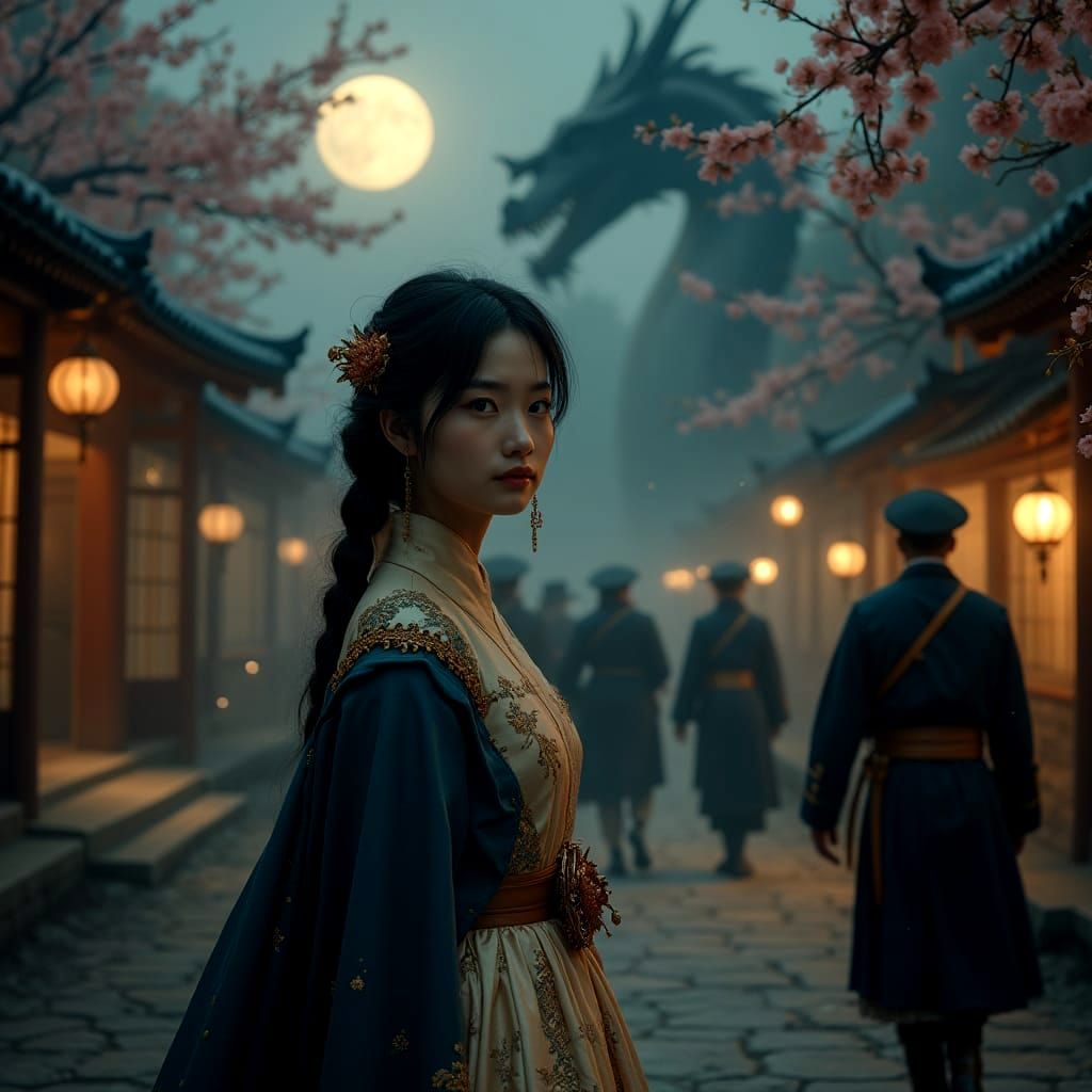 Steampunk Princess Encounters Majestic Dragon in Moonlit Cou...