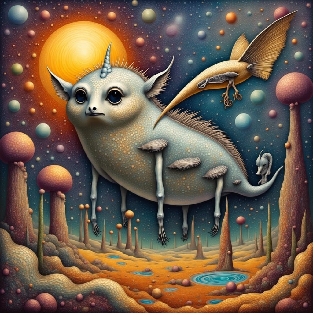 <lora:Blur Effect:1.0> <lora:Woodchip:1.0> Surreal painting of a strange world with bizarre hybrid animals and people wh...
