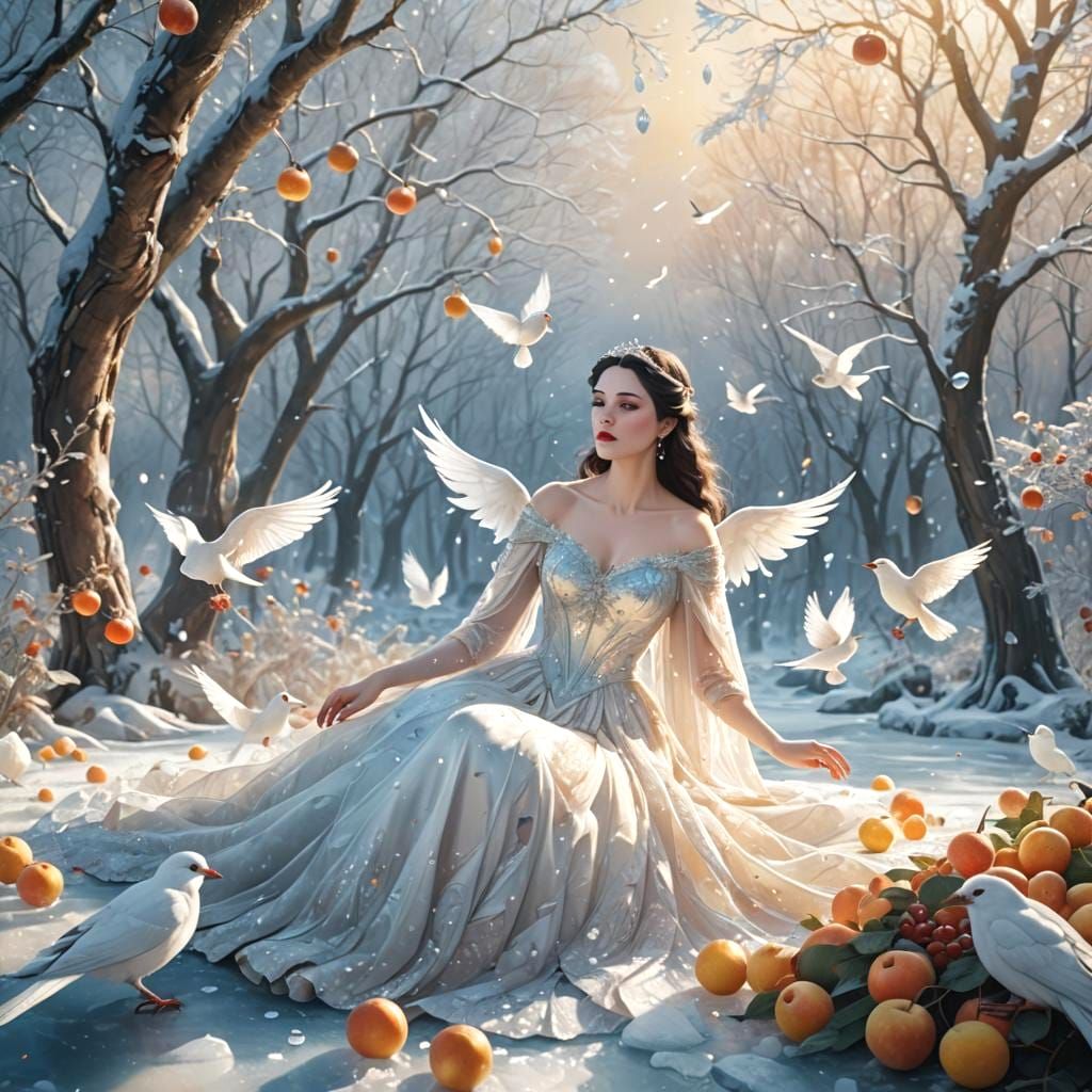 Beautiful Woman with Birds in a Winter Fantasy