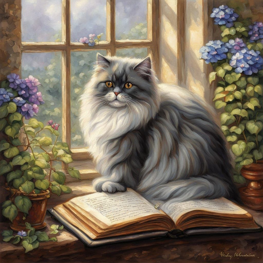 Persian Cat Reading by Morning Glory Window