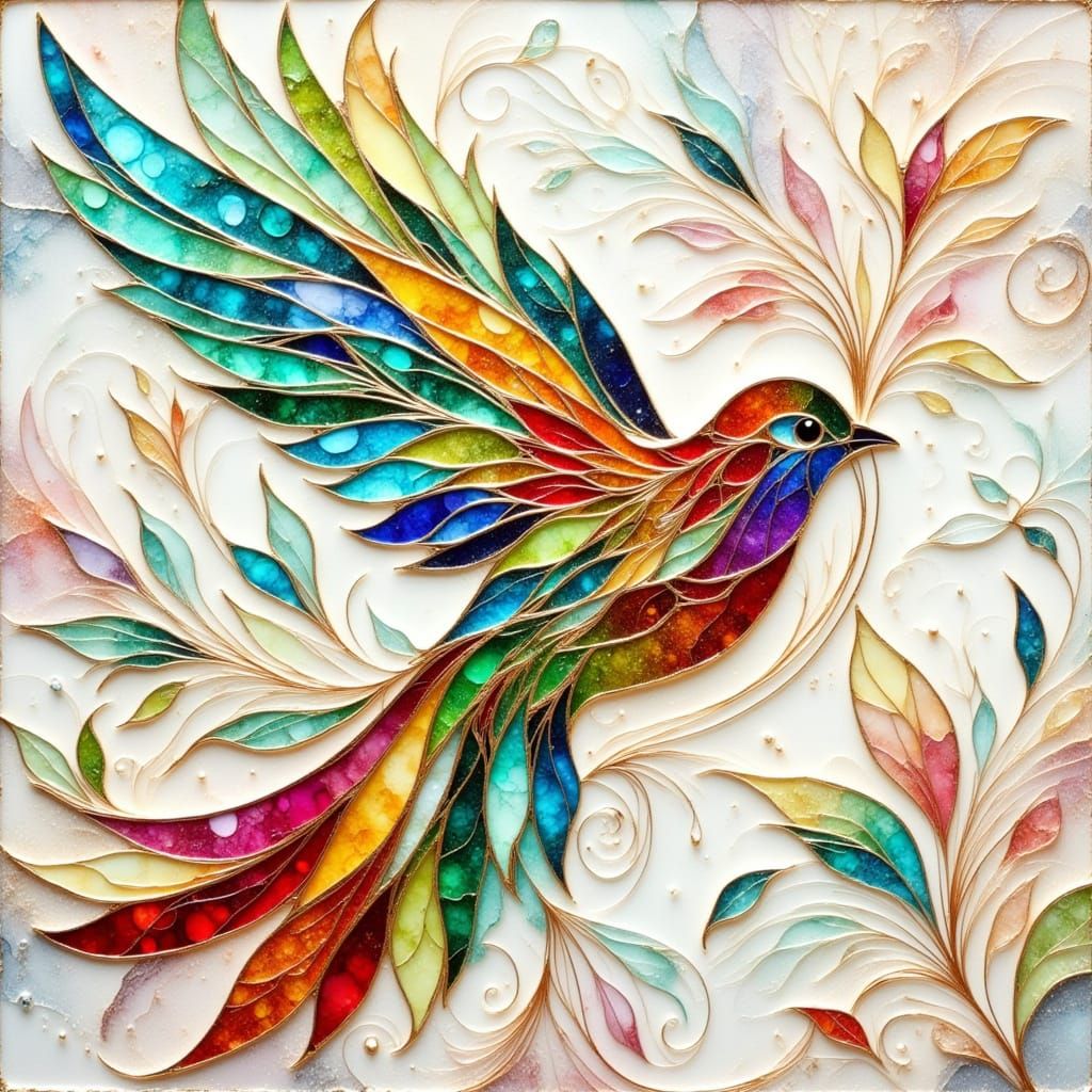 Rainbow Songbird in Ethereal Stained Glass Style