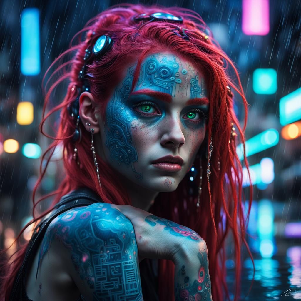 Cyberpunk Woman Portrait in Rainy Cityscape