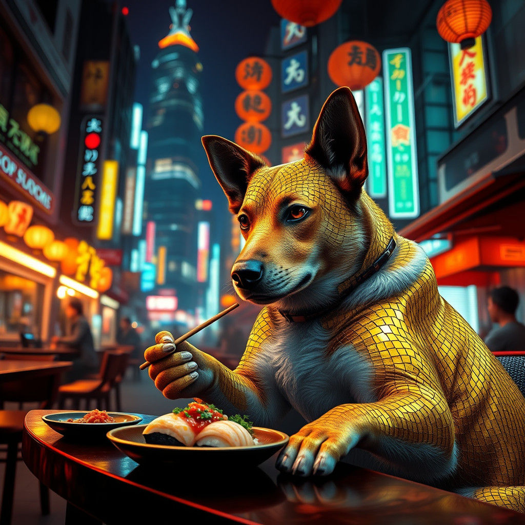 Golden Dog Enjoys Sushi in Neon Tokyo