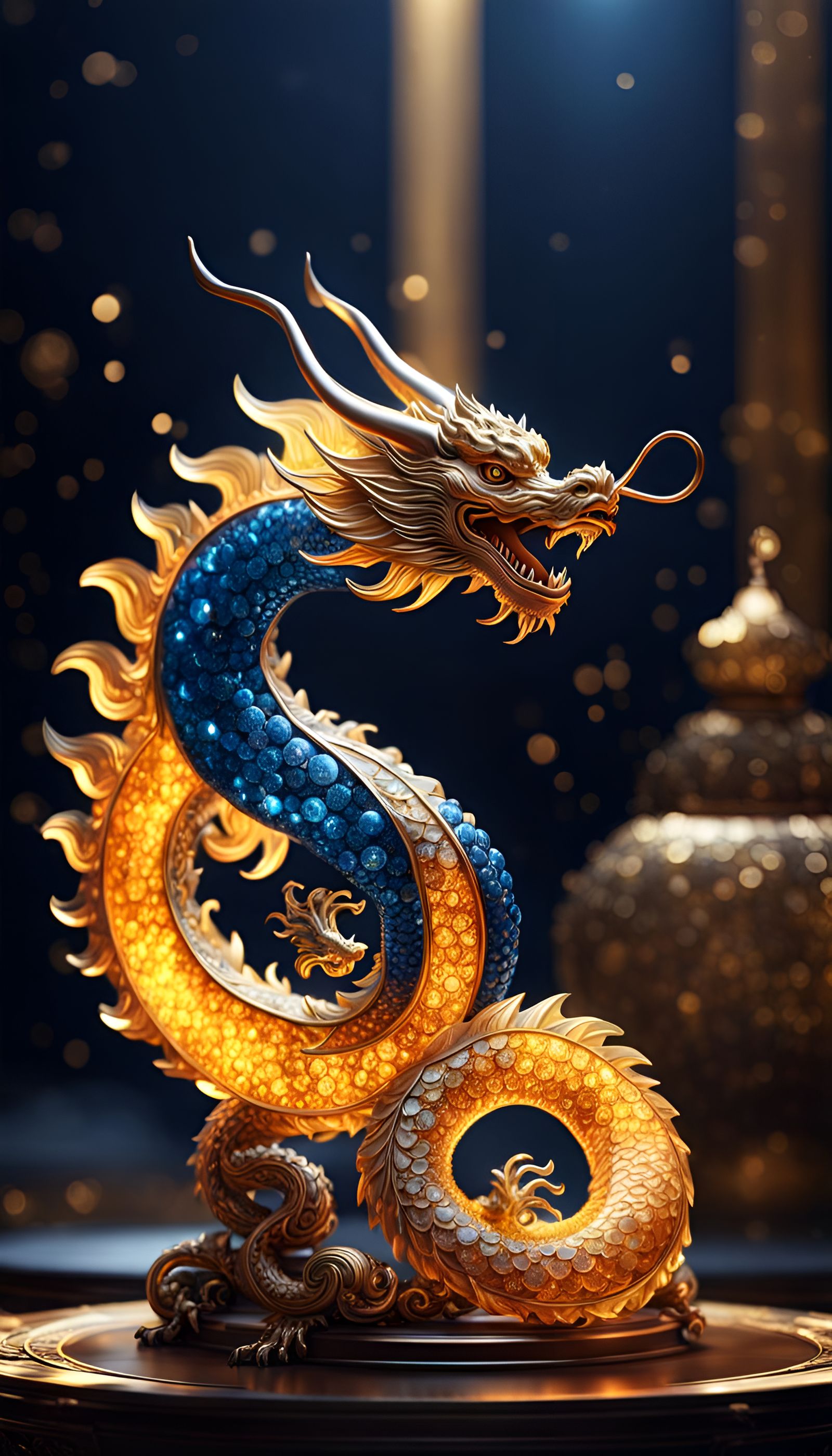 Amber Crystal Dragon in Navy Fantasy Landscape