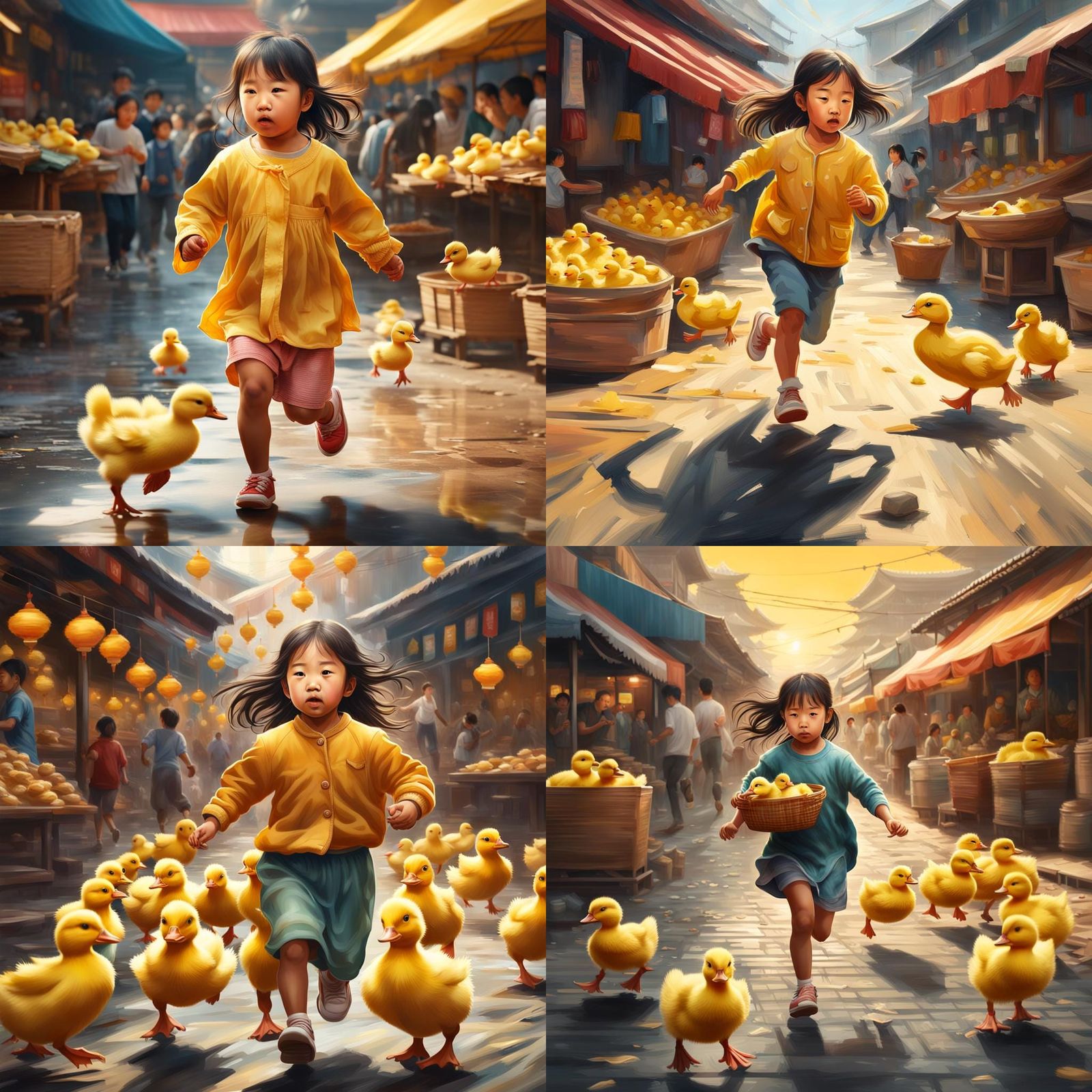 Asian Girl's Duckling Dash: Hyperrealistic Market Scene