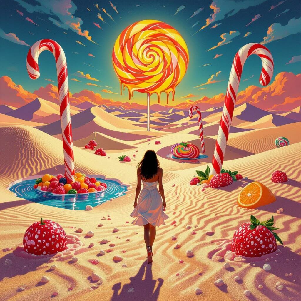 Surreal Sugar Desert with Candy Cane Cacti and Lollipop Sun