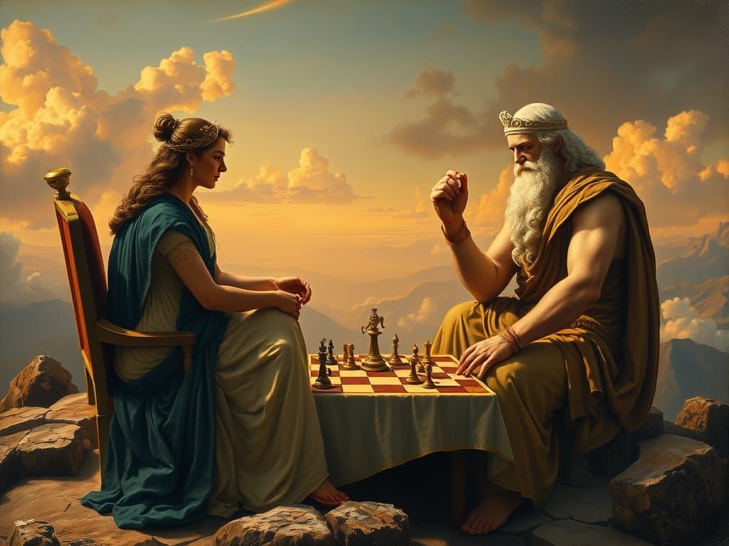 Hera and Zeus Play Chess on Olympus in 19th Century Style