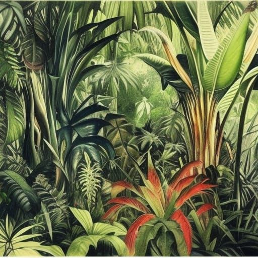 Overgrown Shrine in Lush Jungle, Ink Wash Style