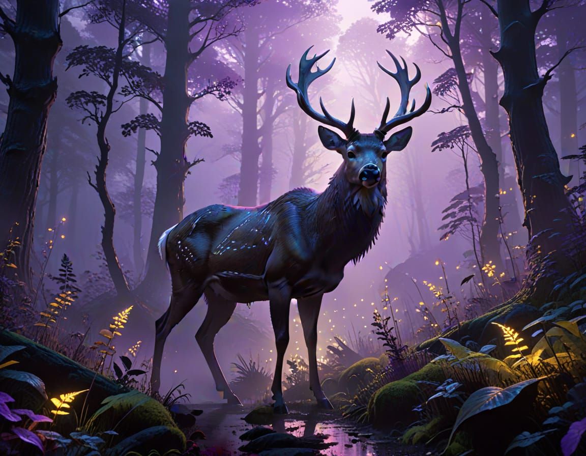 Ghostly Deer Guides Travelers Through Misty Forest