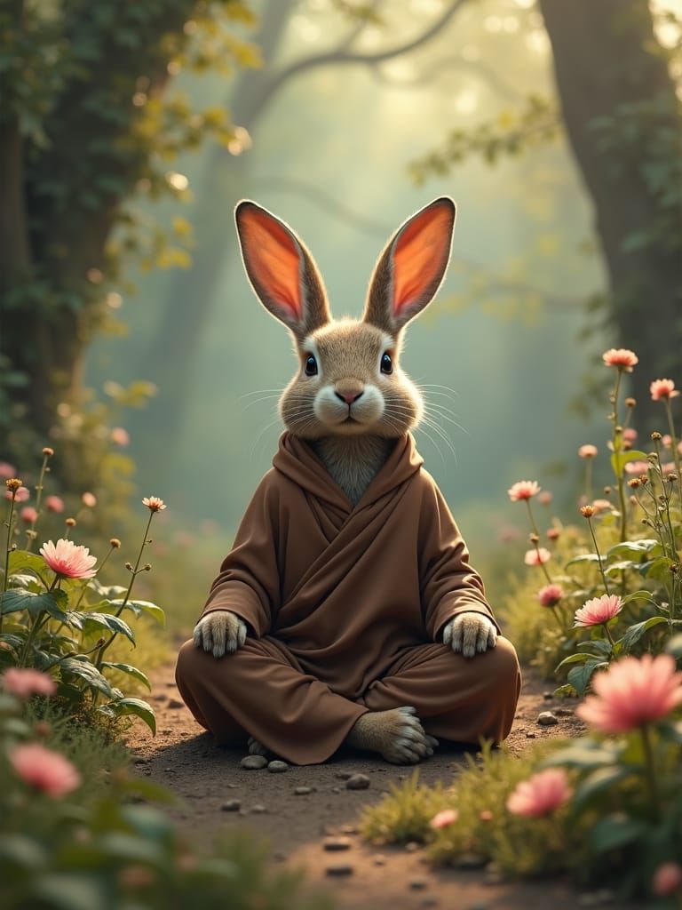 Meditating Rabbit in Magical Forest