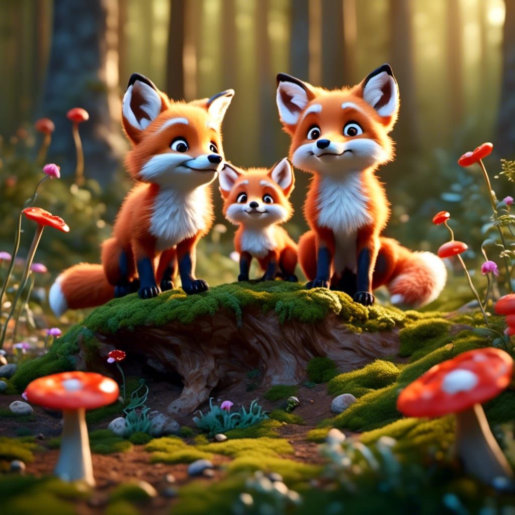 Fox Cubs Play in Fairytale Forest: 3D Digital Art