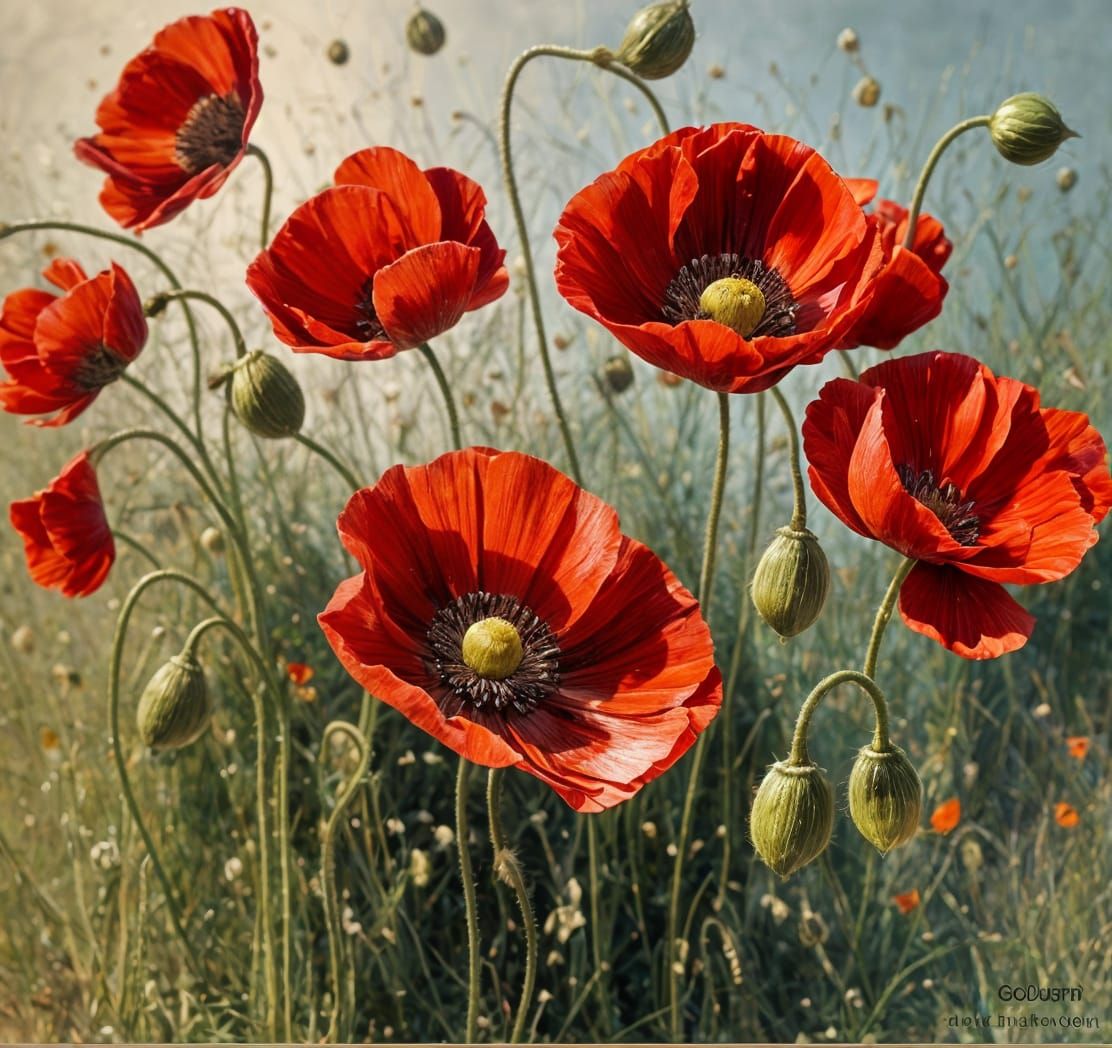 Scarlet Poppies at Golden Hour in Autochrome Style