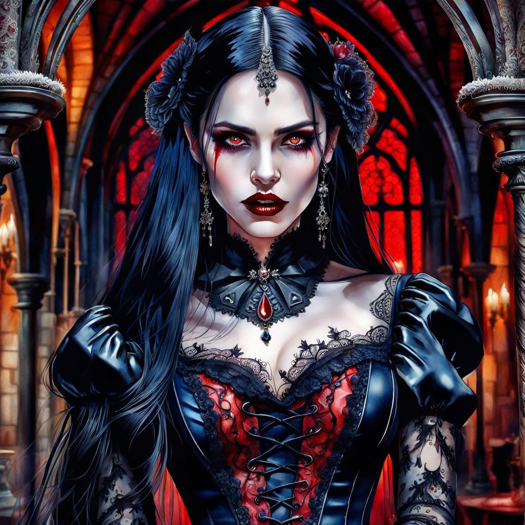 Diabolic Vampire in Gothic Dress, Watercolor Painting