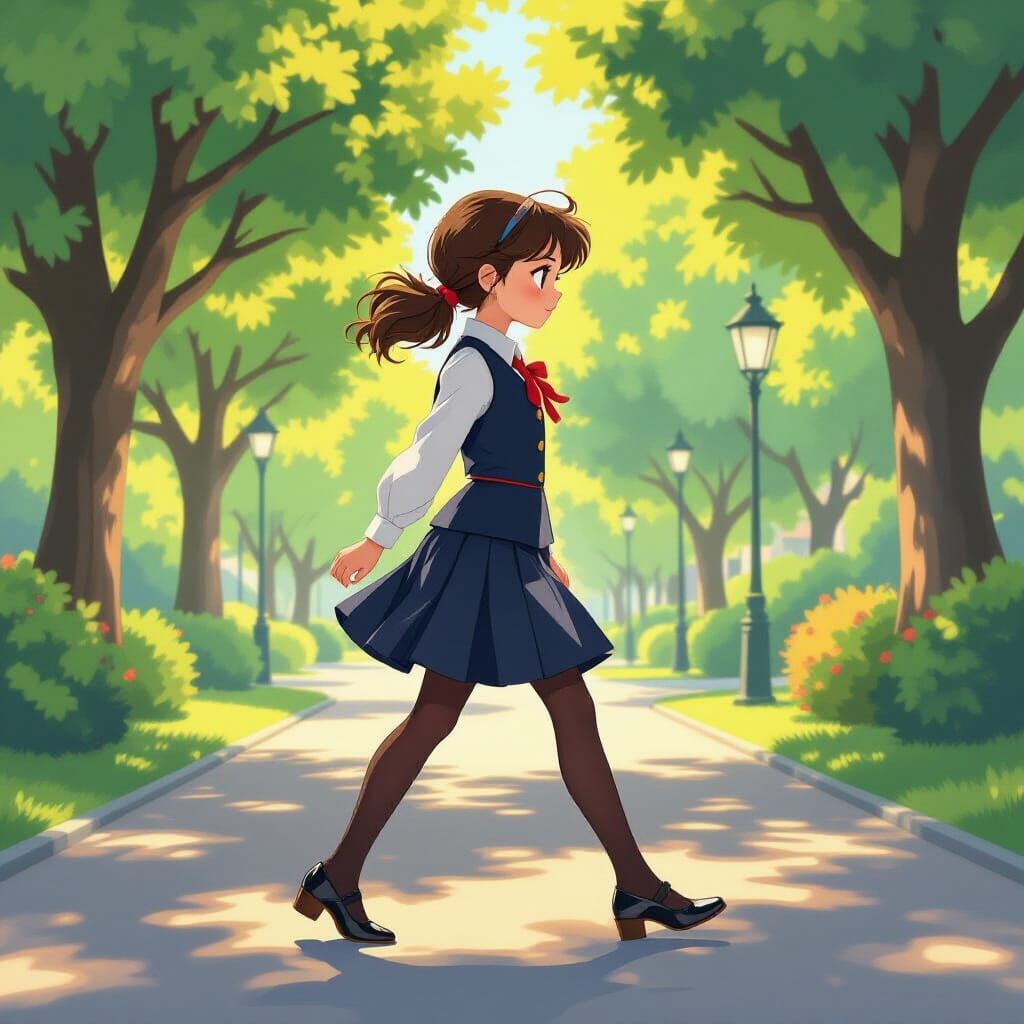 Schoolgirl in Uniform Walks Through Sunlit Park