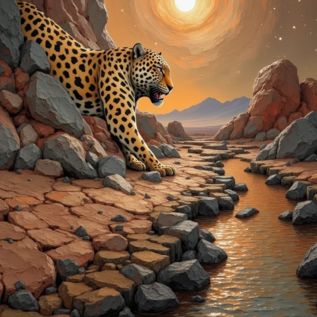 Jaguar in Starry Desert Night Mixed Media Style