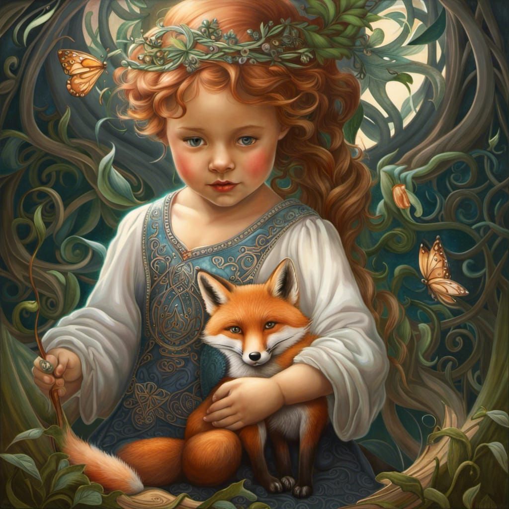 Toddler and Fox Celtic Knot Portrait in Dark Fantasy Art