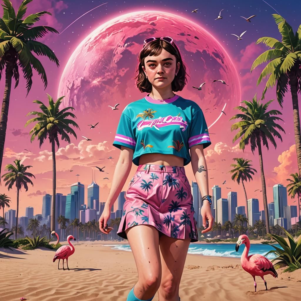 Maisie Williams in Retro Cyberpunk Beach Party
