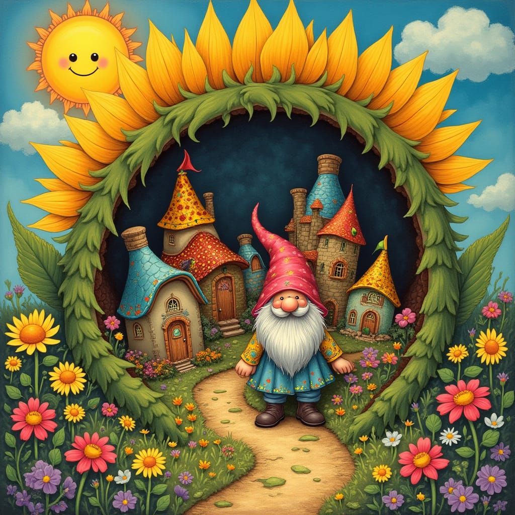 Whimsical Gnome Village in Sunflower, Vintage Illustration