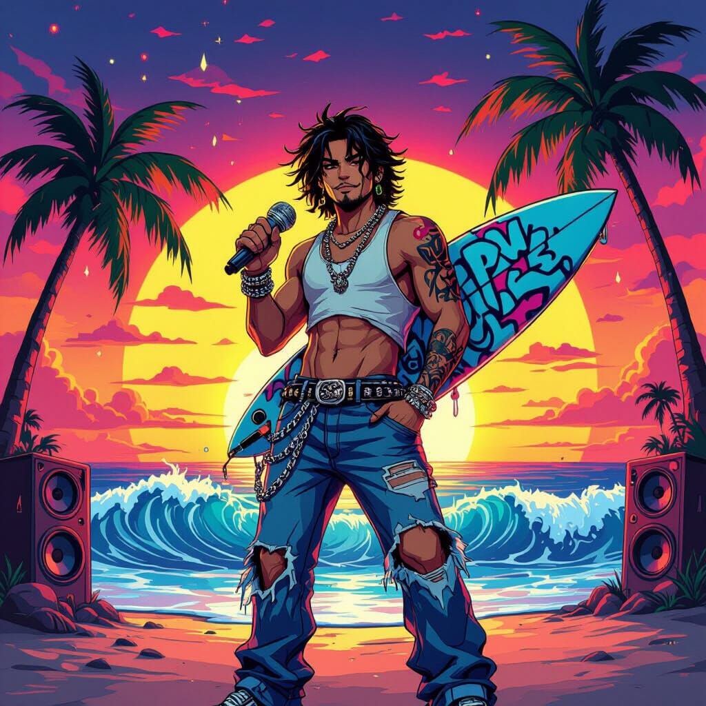 Surfer on Urban Beach at Sunset in Anime Street Art