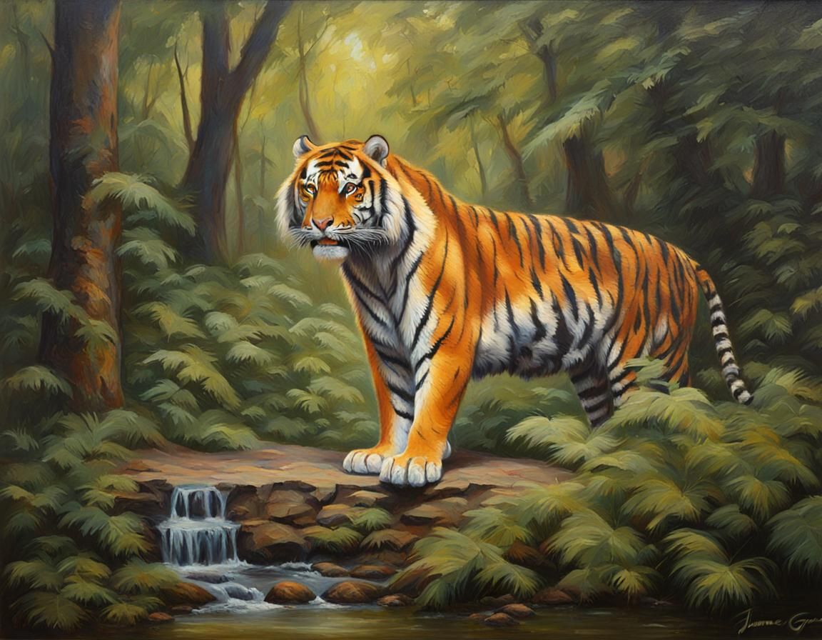 Majestic Tiger in Forest Oil Painting