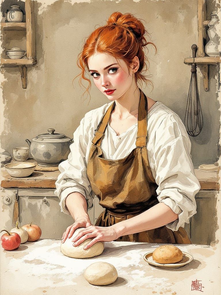 Redhead Baker Kneading Dough in Bustling Kitchen