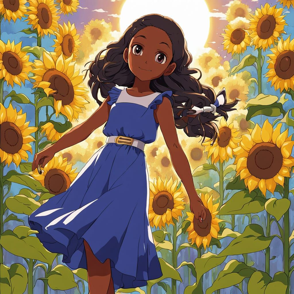 Anime Portrait of Woman with Sunflowers