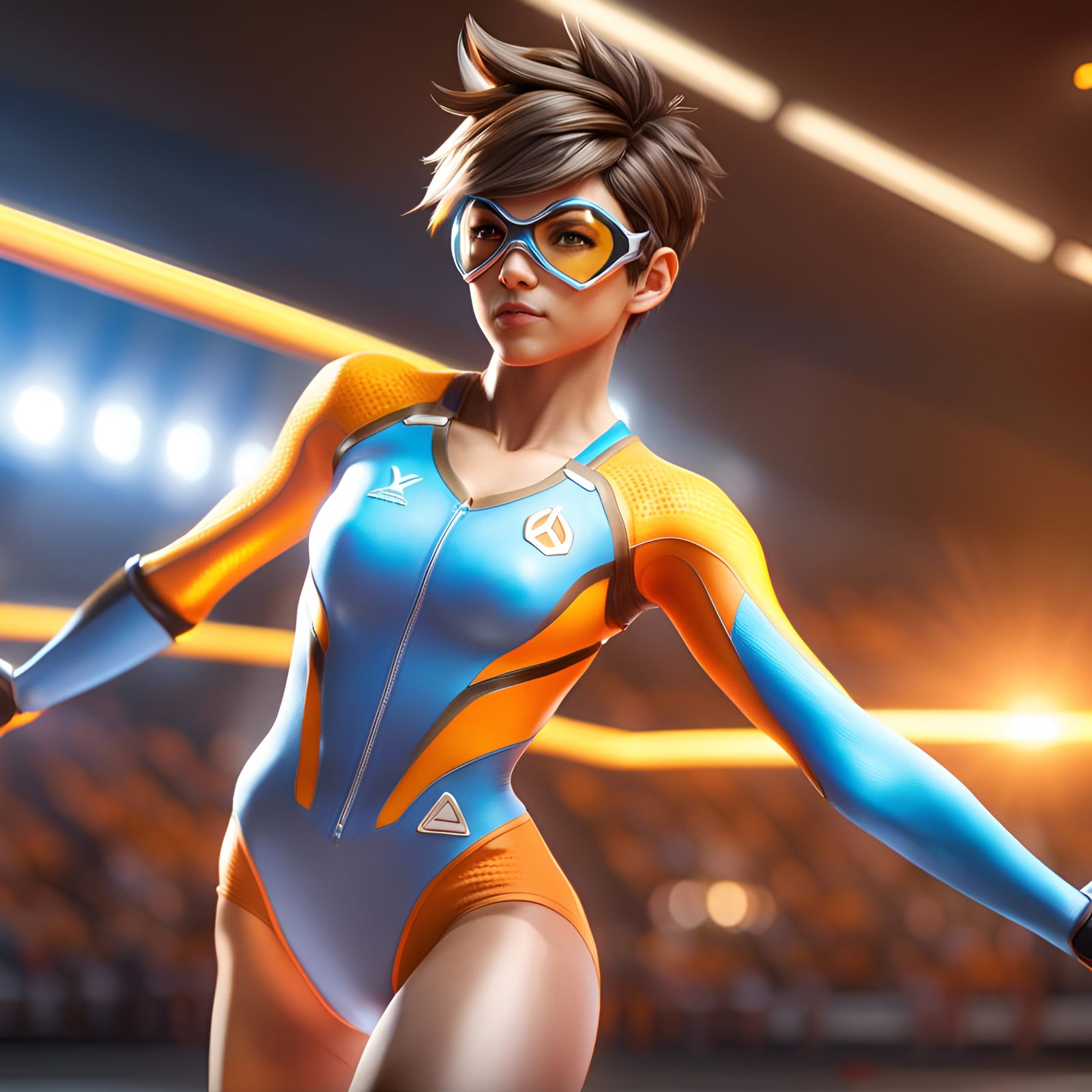 Realistic Overwatch Tracer as Gymnast, Detailed Portrait