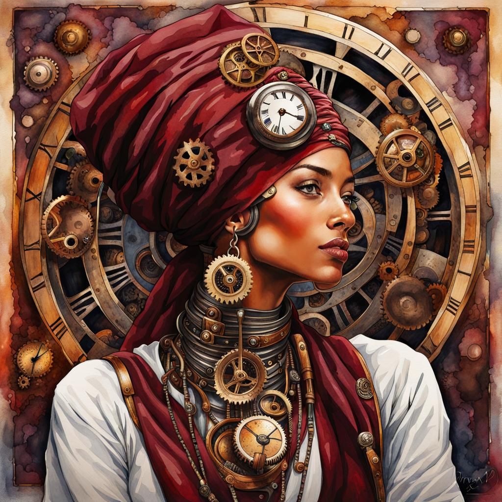 Steampunk Ancient Egypt Fusion: Hyperrealistic Watercolor Pa...