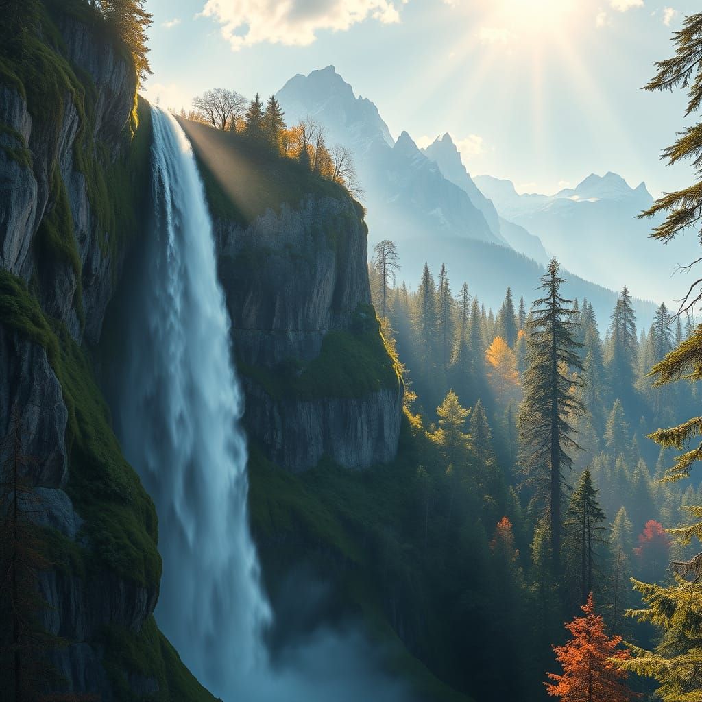 Majestic Waterfall in Ancient Forest with Snow-Capped Mounta...