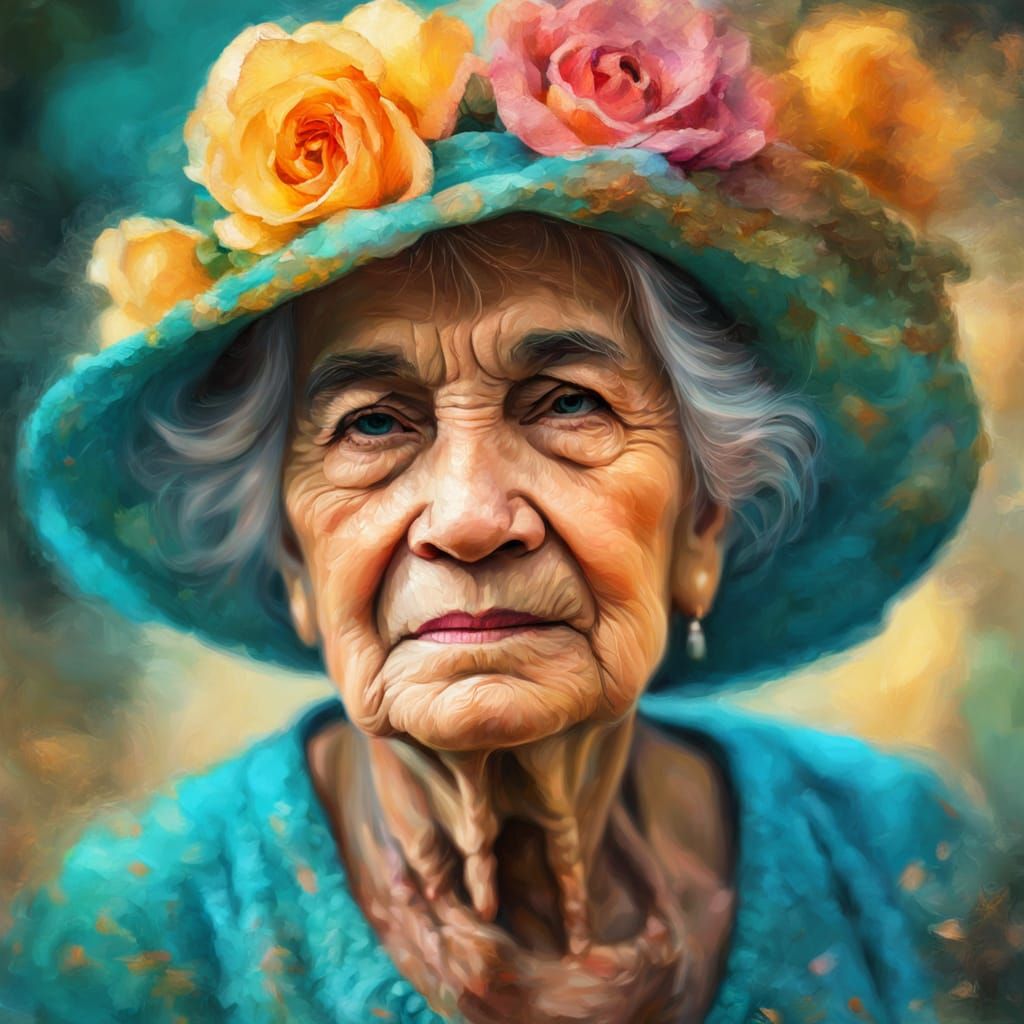 Old Woman in Turquoise Rose Hat: Impressionist Portrait