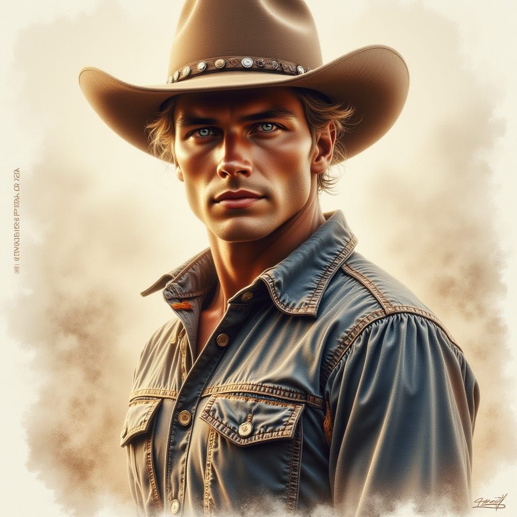 Chiseled Western Hero in Soft Watercolor Light