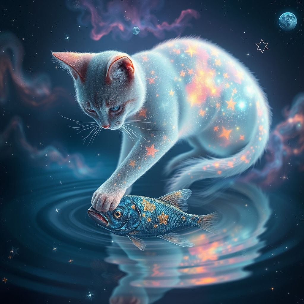 Ethereal Cat Touches Cosmic Nebula Pond
