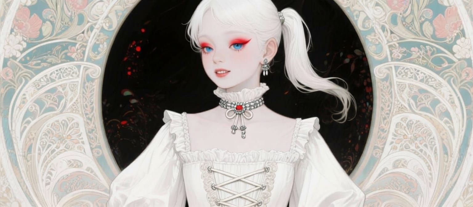 Pale Girl With Red Eyeshadow And White Dress