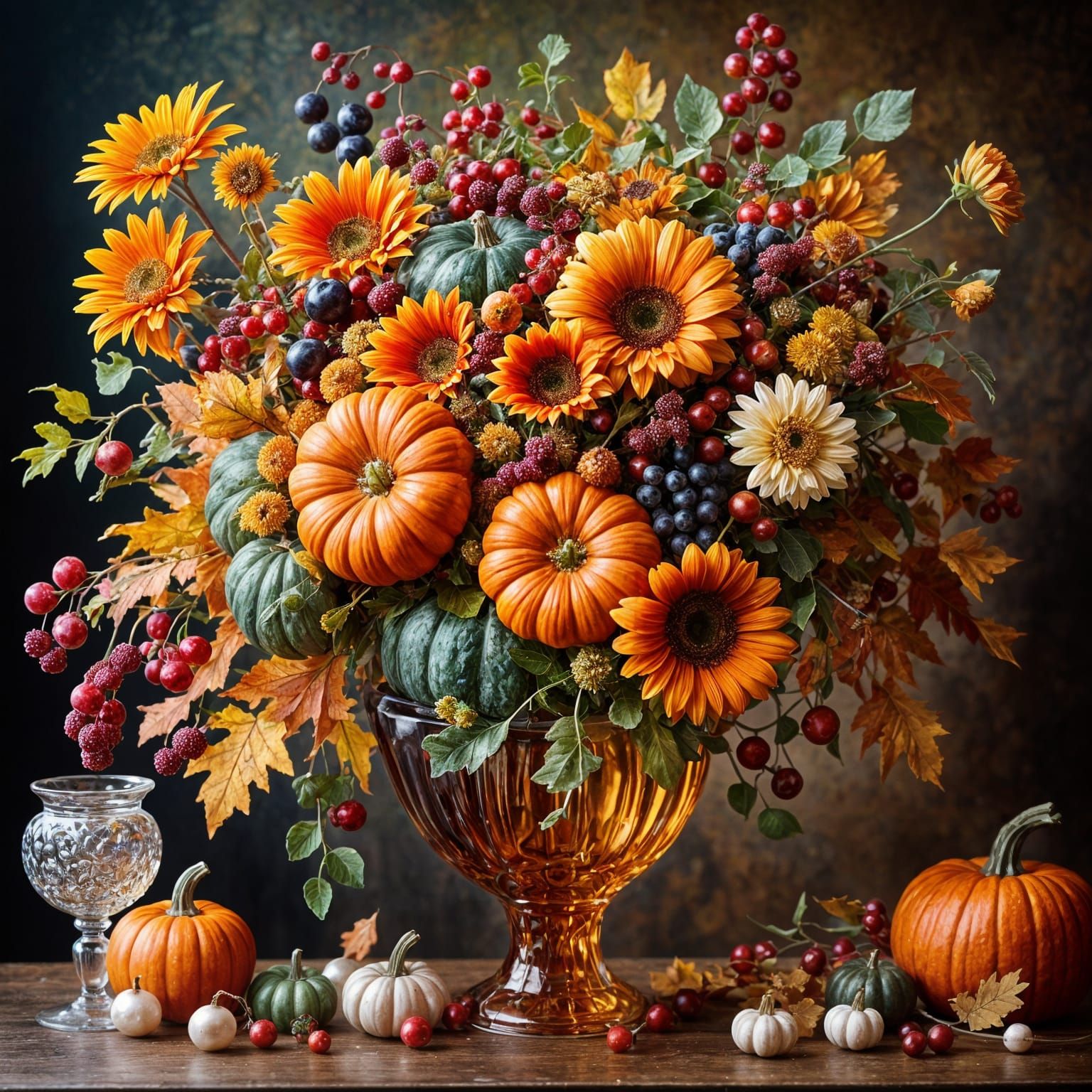 Ornate Glass Vase with Autumn Flowers and Jewels