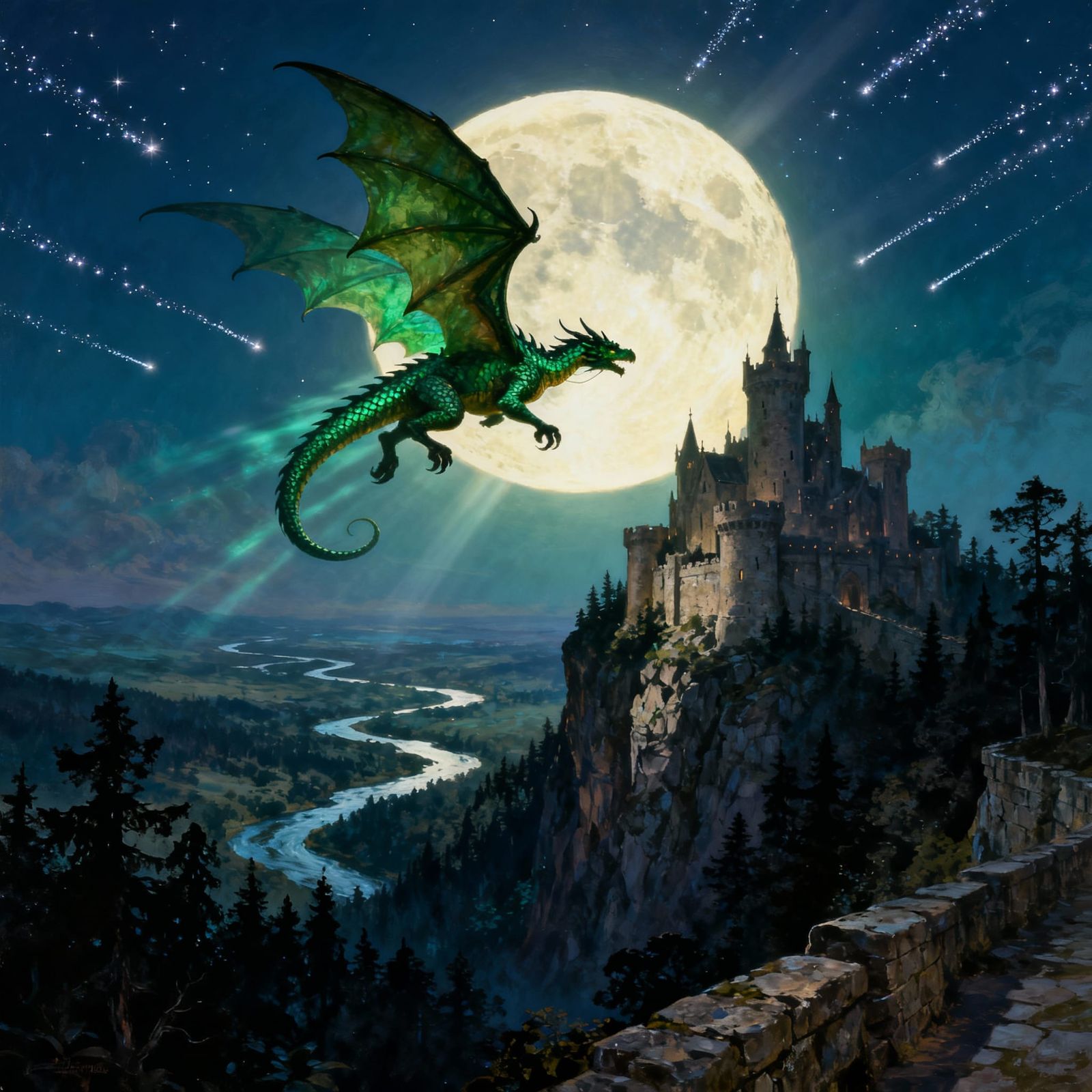 Majestic Dragon Flies Over Castle Under Full Moon