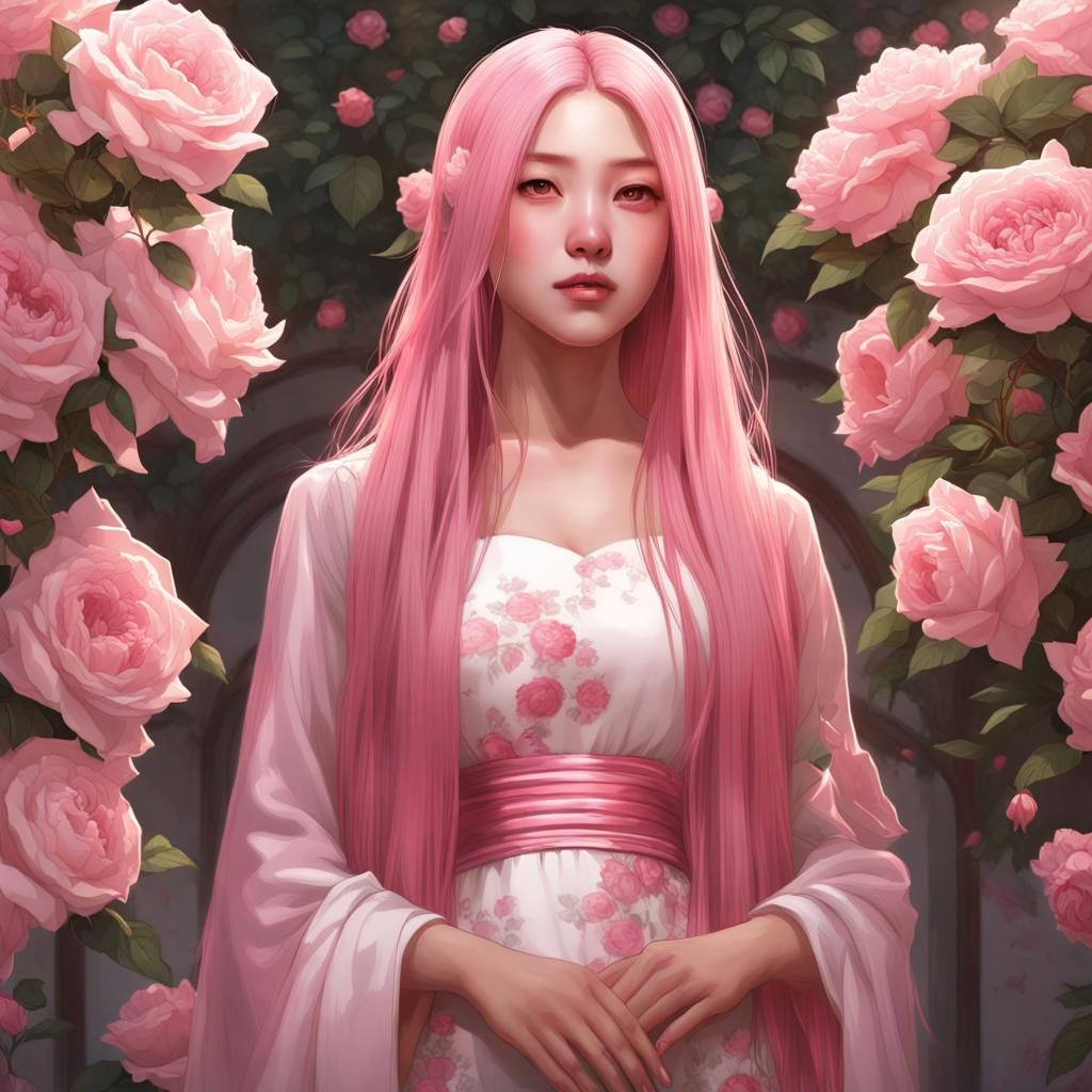 Korean Woman in Rose Dress Digital Art