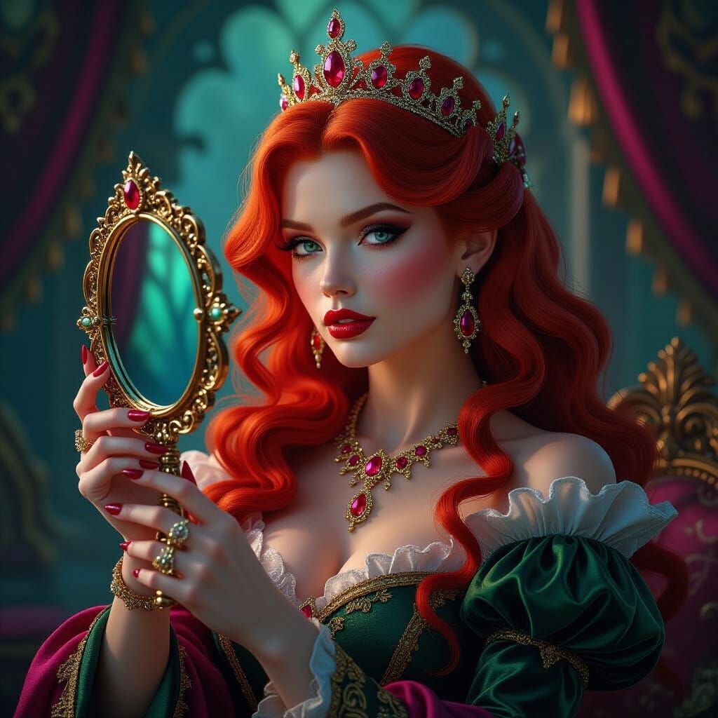 Red-Haired Queen Gazes into Ornate Mirror in Fairytale Opule...