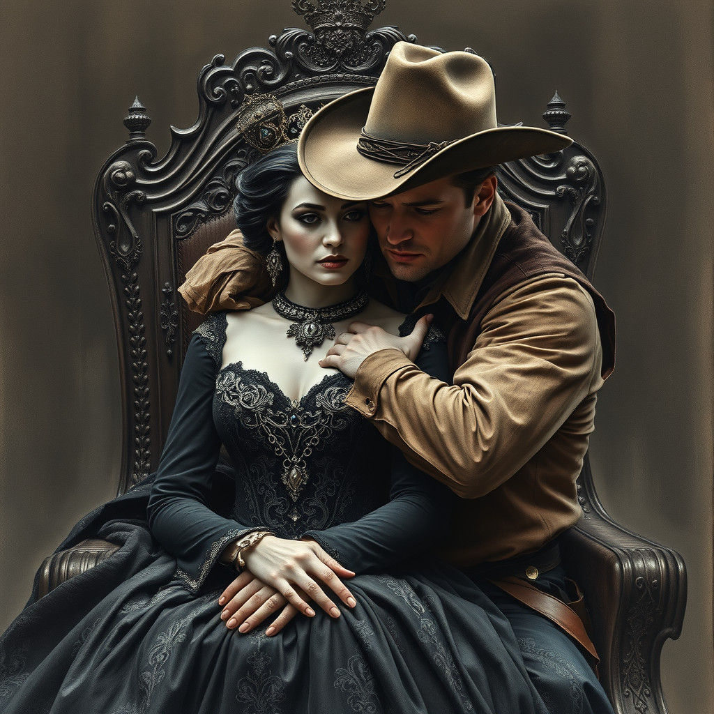 Queen and Cowboy Embrace in Wild West Saloon