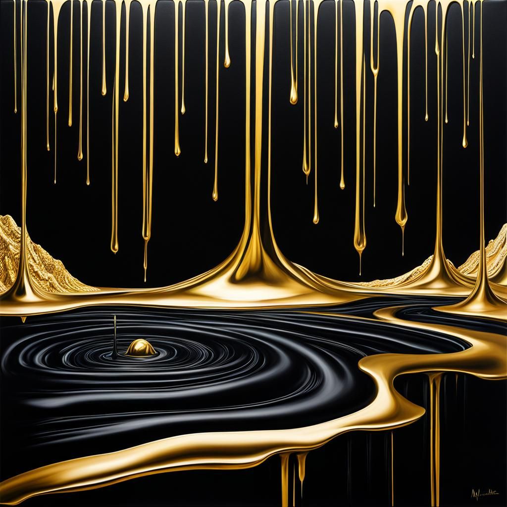 Abstract Black Slime Landscape with Gold Accents