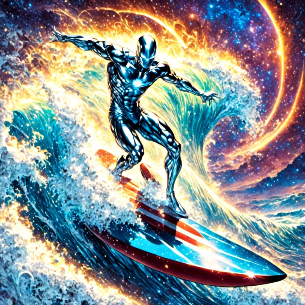 The Silver Surfer surfing on a Cosmic Wave with a solar flare behind him